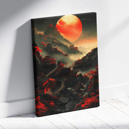 Vibrant sunset over misty mountains with Chinese houses, path, moon on black-framed canvas