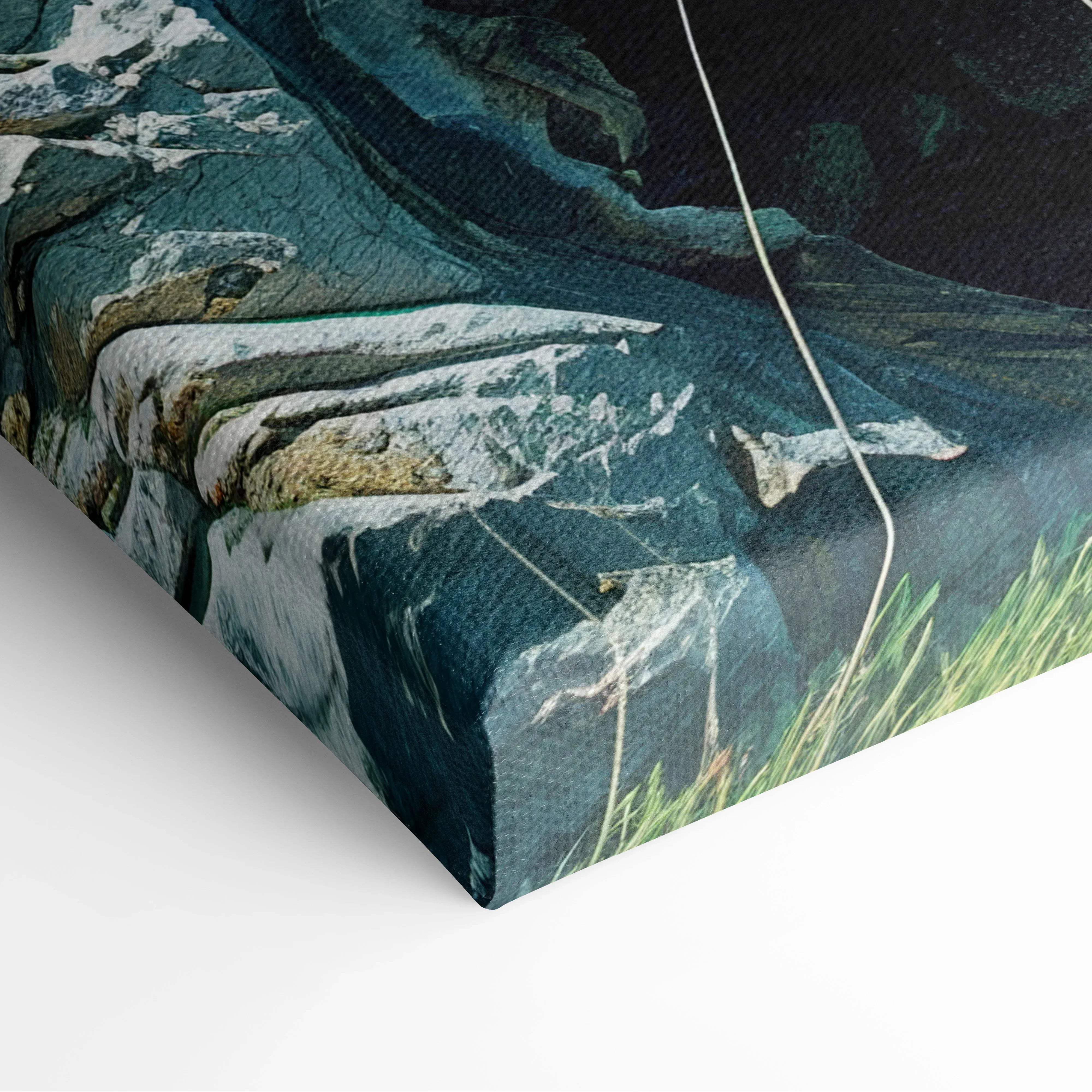 Canvas print of rugged coastal rocks, turquoise ocean, sunlit beach, tranquil blue waters