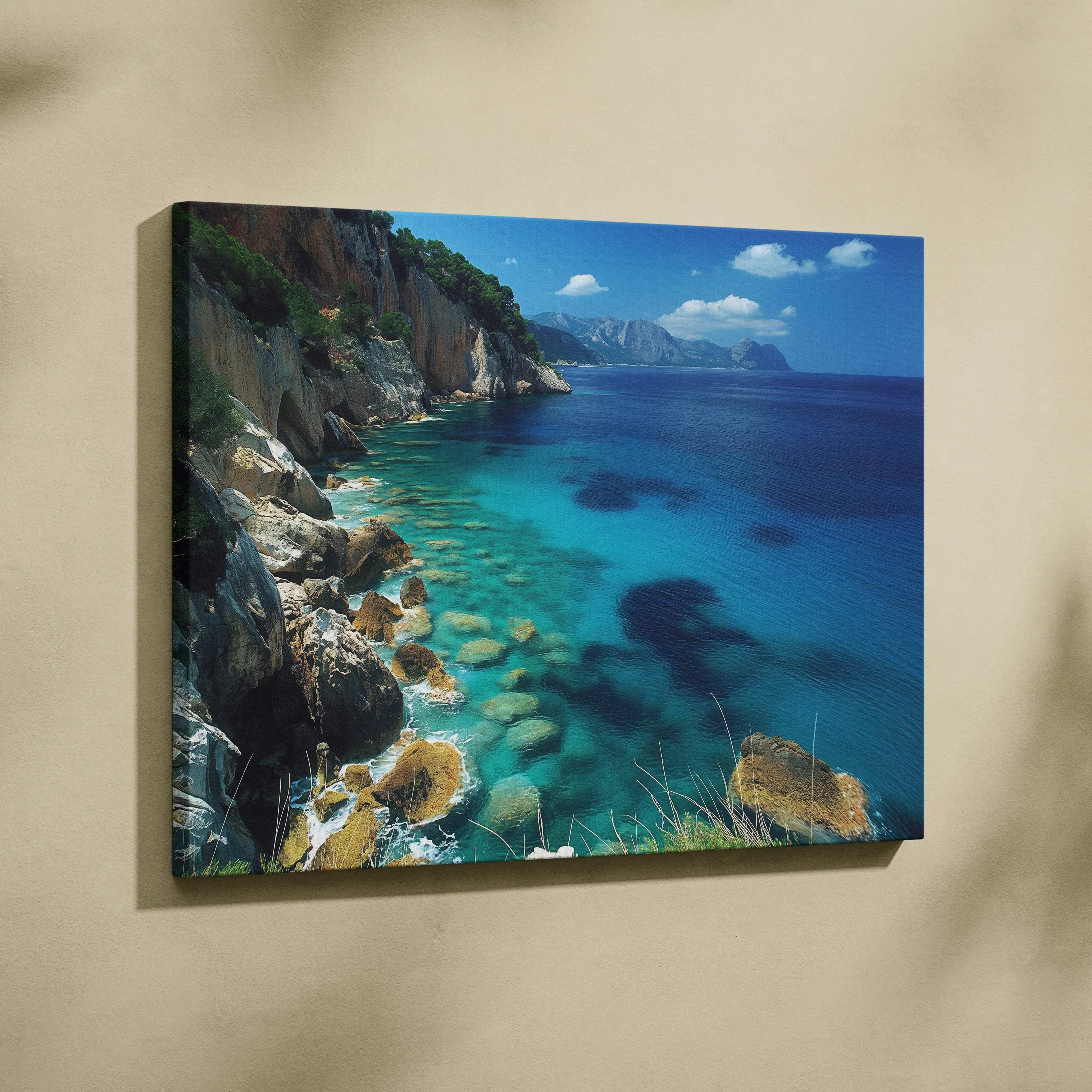 Canvas print of sunlit coastal seascape with turquoise ocean and cliffs