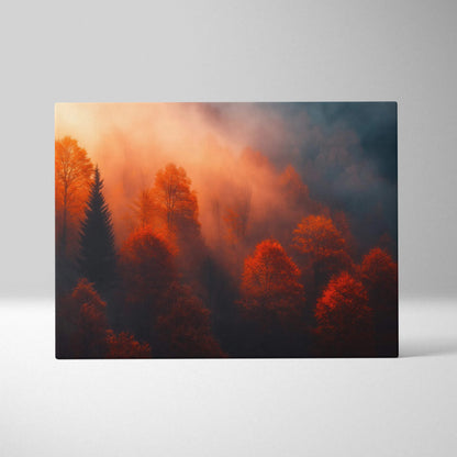 Autumn sunset digital art canvas with golden fall trees and misty forest wall art.