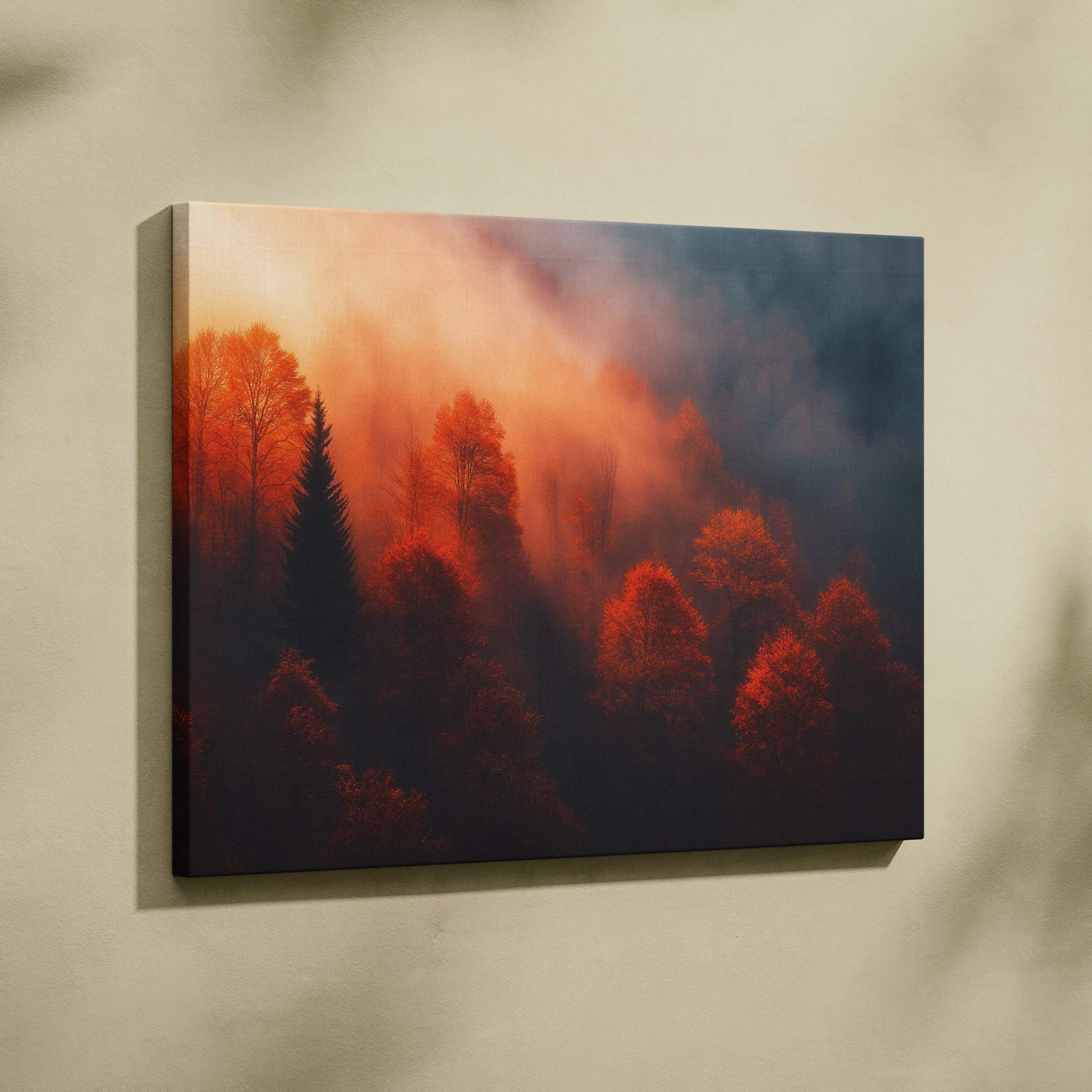Canvas wall art featuring vibrant autumn sunset with golden foliage and misty forest scene.