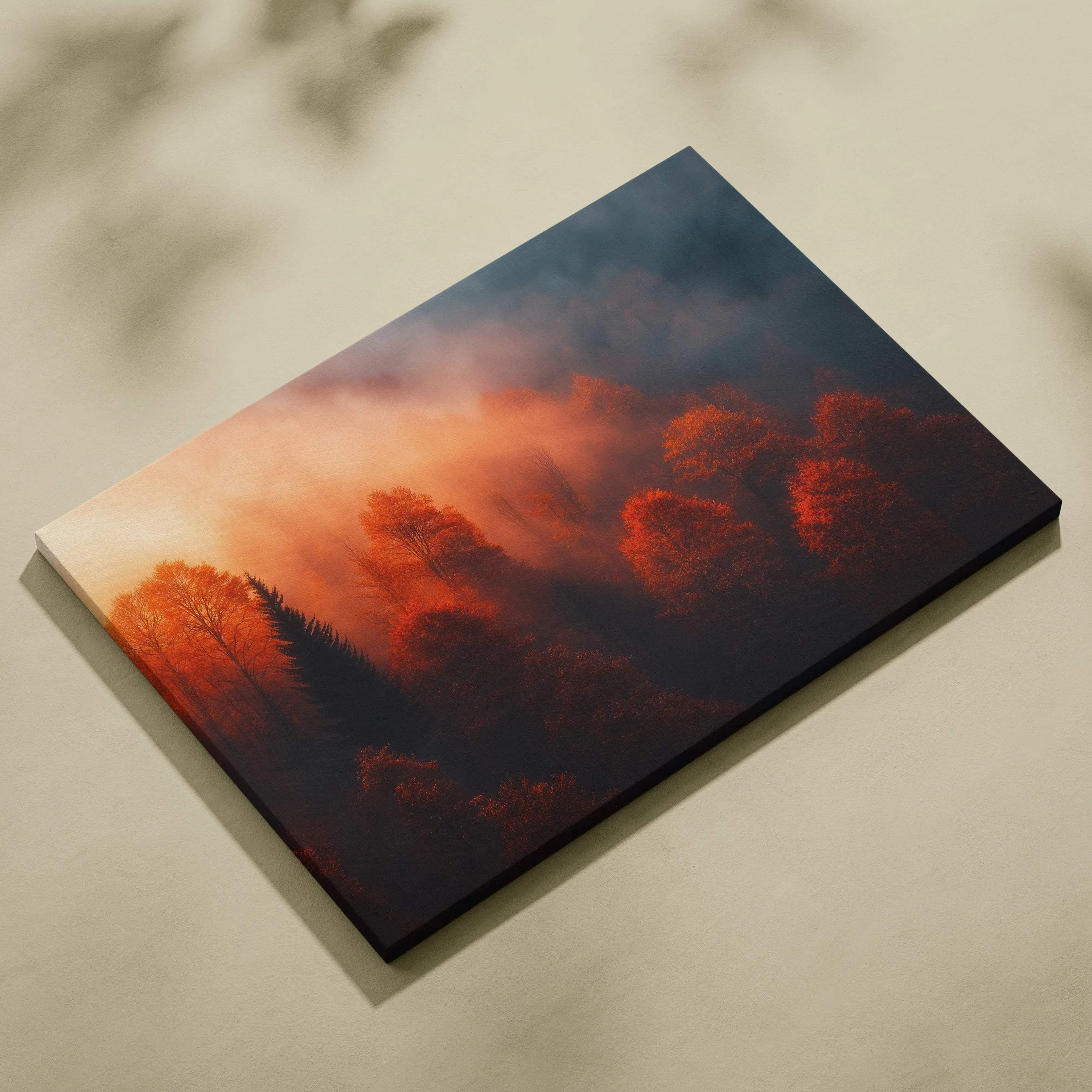 Canvas art featuring a vibrant autumn sunset with glowing golden trees and dark blue sky wall art.