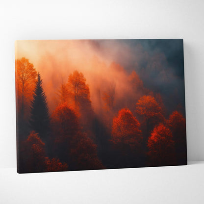 Autumn forest sunset canvas art with golden orange trees and mist, vibrant wall art.