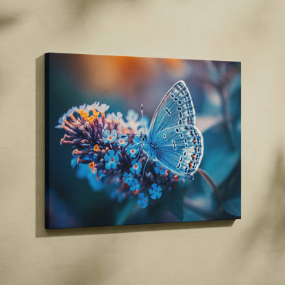 Blue butterfly canvas wall art on flowers in calming blue tones