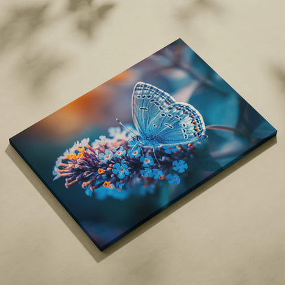 Canvas wall art of blue butterfly on vibrant flowers in calming blue tones