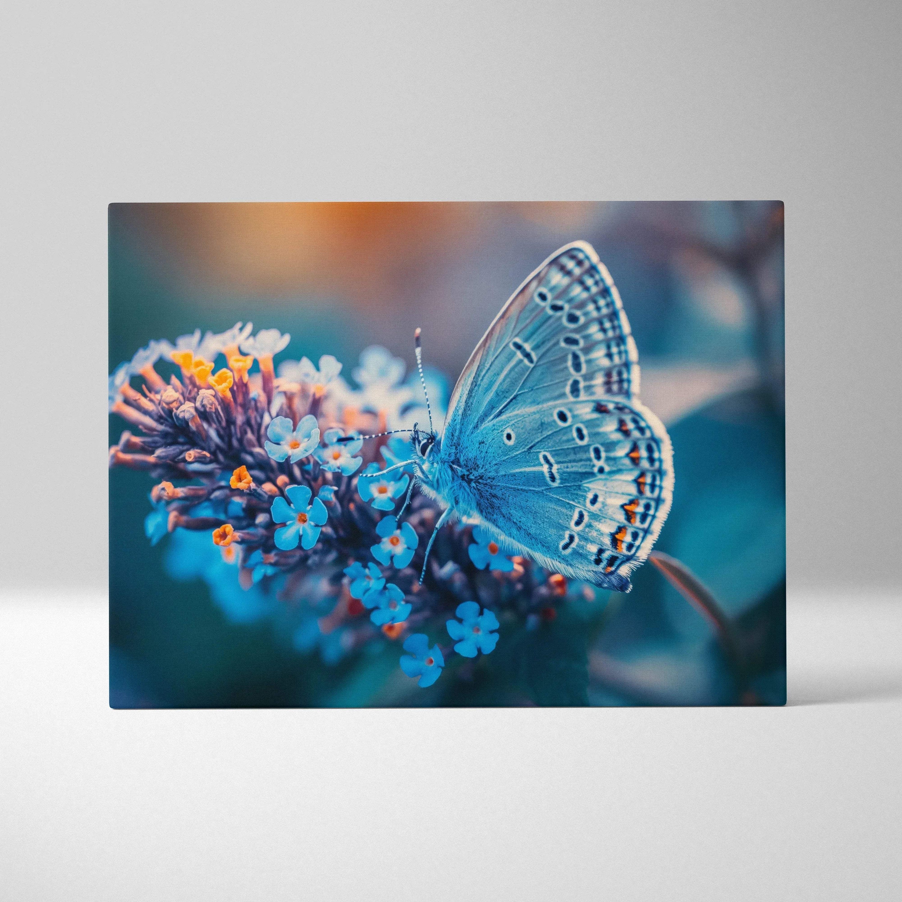 Vibrant blue butterfly on colorful flowers canvas wall art in calming tones