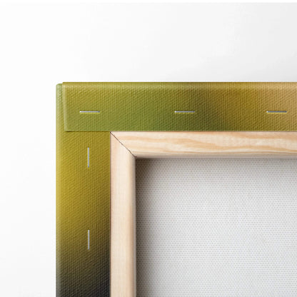 Olive green textured canvas frame with light wood border, soft focus daisy closeup
