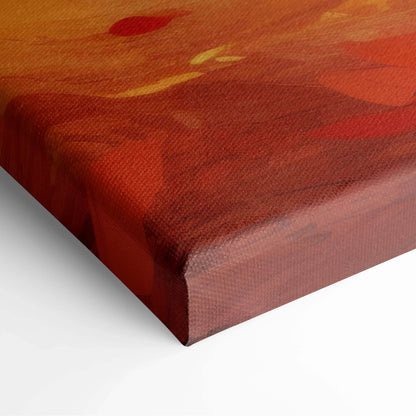 Close-up of vibrant autumn nature canvas art with rich orange and red leaves, textured wall art detail.