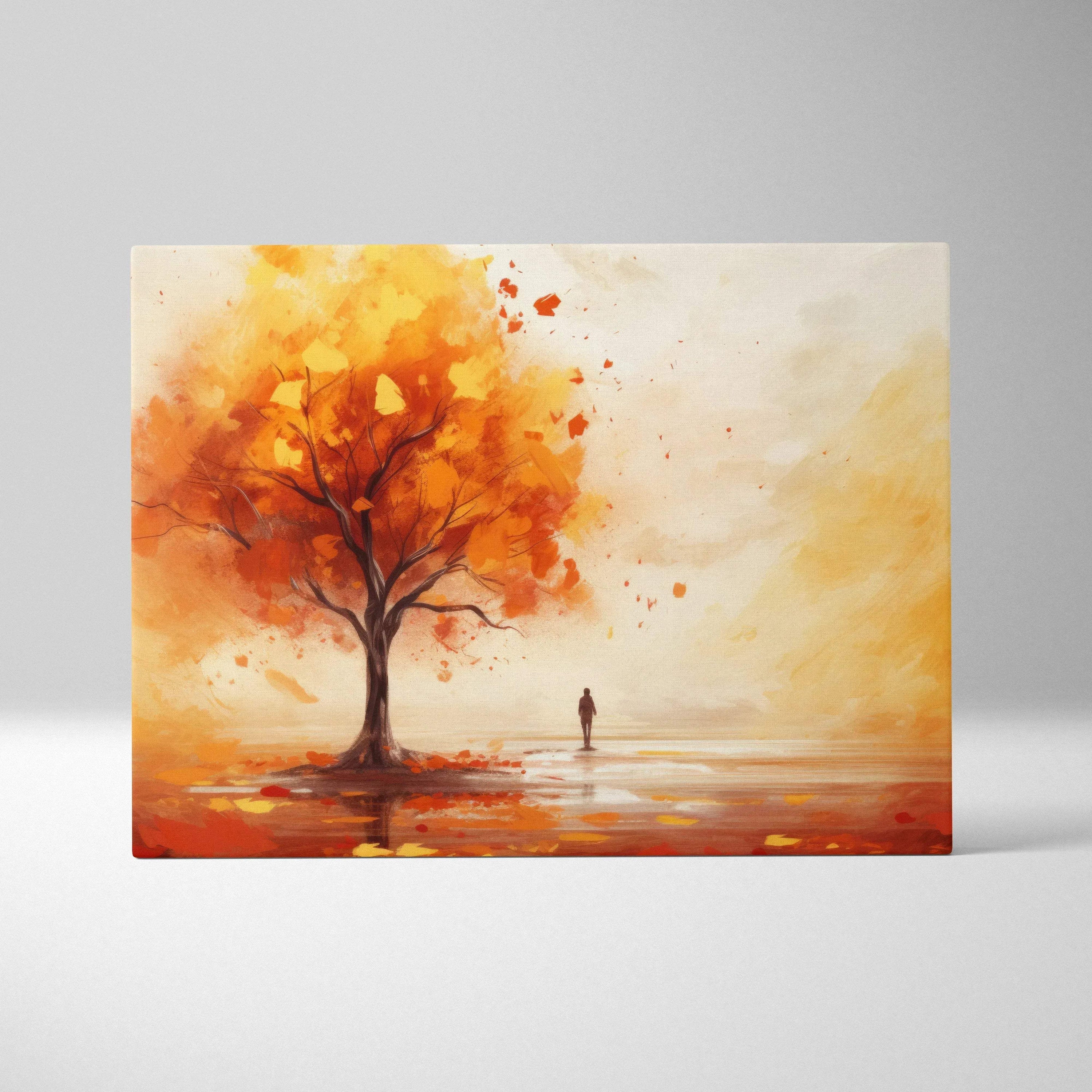 Autumn tree with vibrant orange leaves and lone figure on warm-toned canvas wall art.