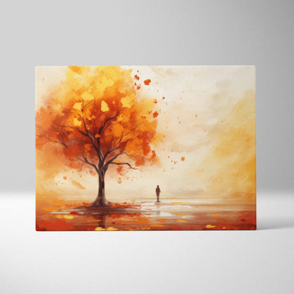 Autumn tree with vibrant orange leaves and lone figure on warm-toned canvas wall art.