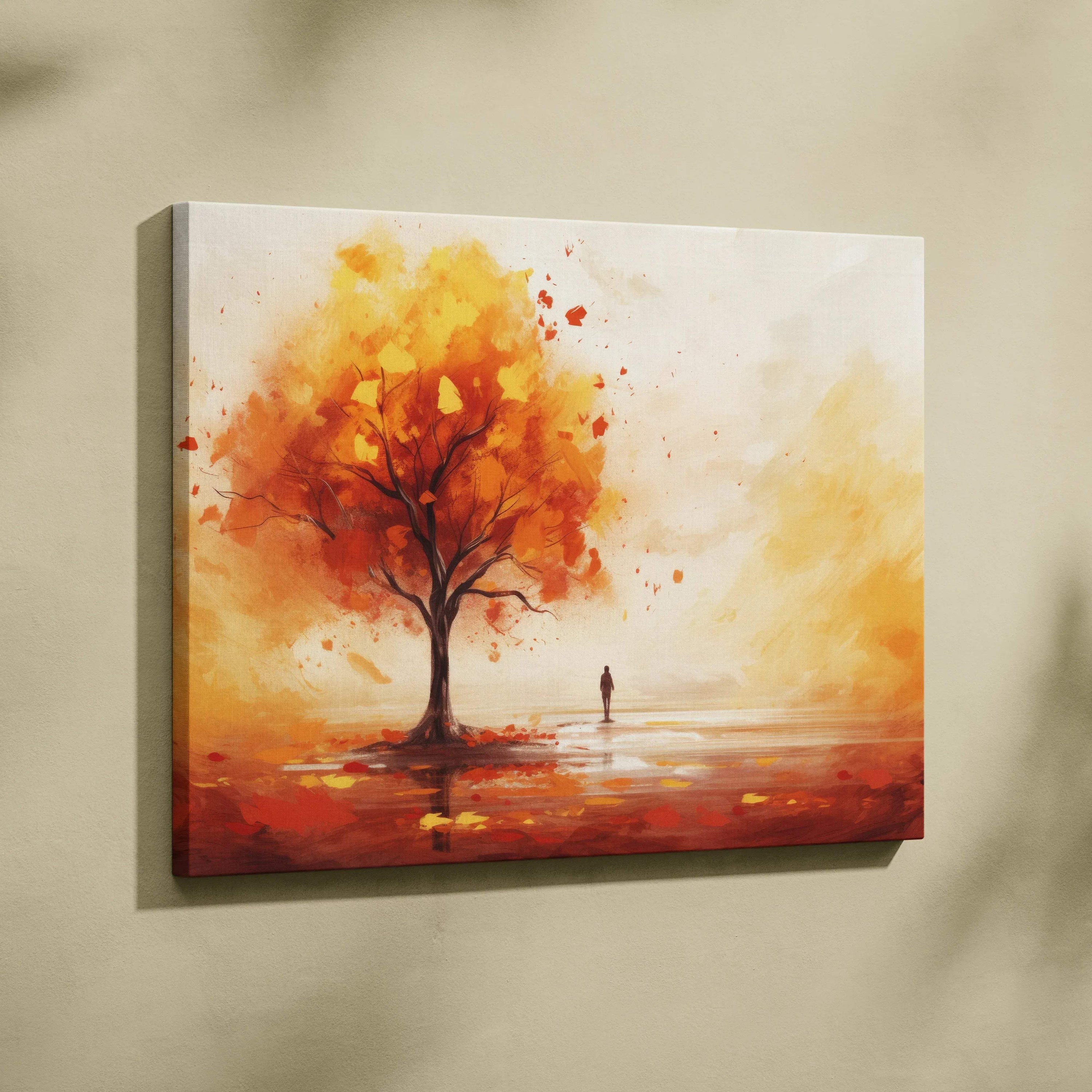 Canvas wall art featuring a vibrant autumn tree with falling leaves in rich orange and red tones.
