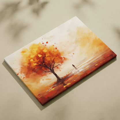 Vibrant autumn tree with falling leaves in warm orange and red tones on canvas art wall decor.