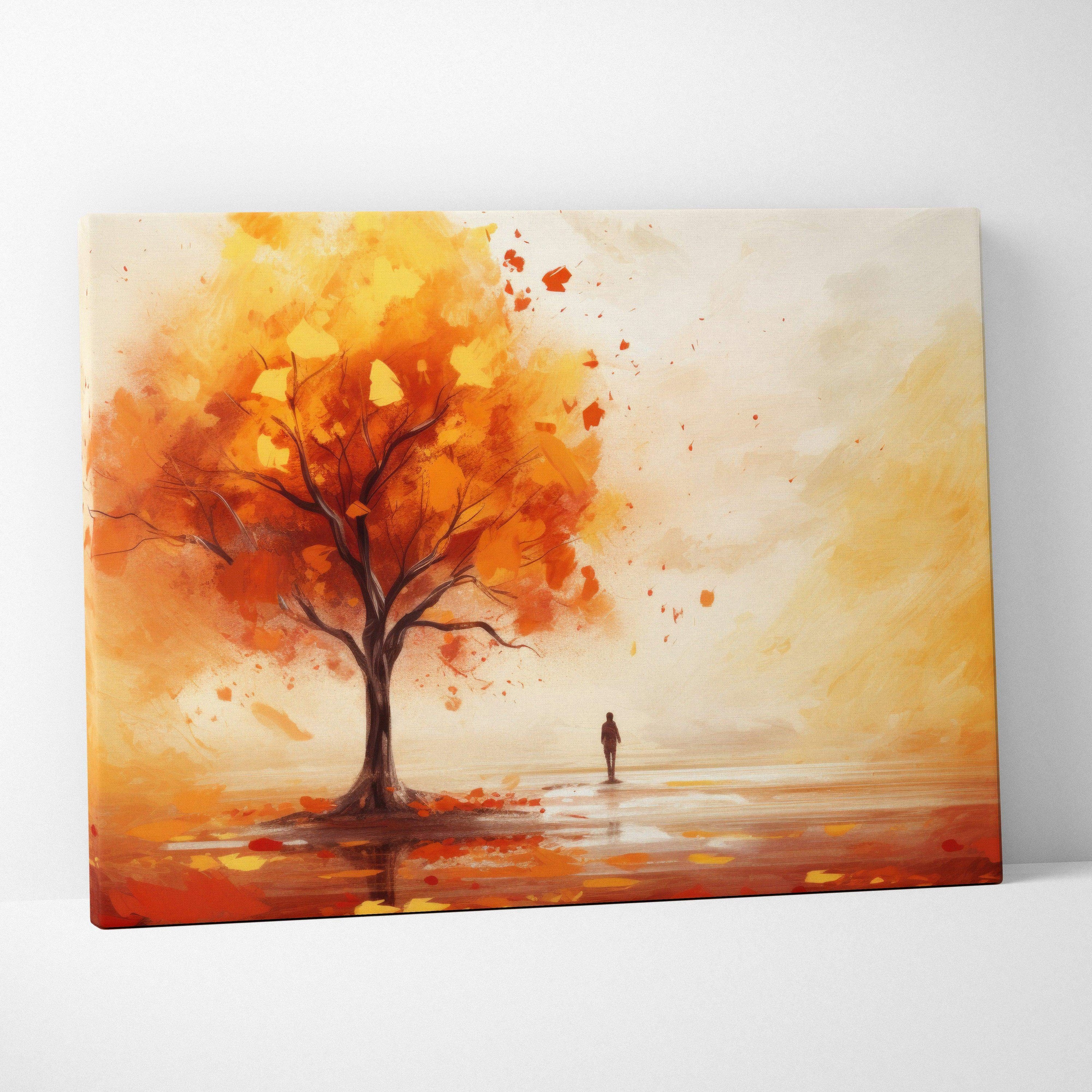 Vibrant autumn tree with falling leaves in orange and red tones on canvas wall art.