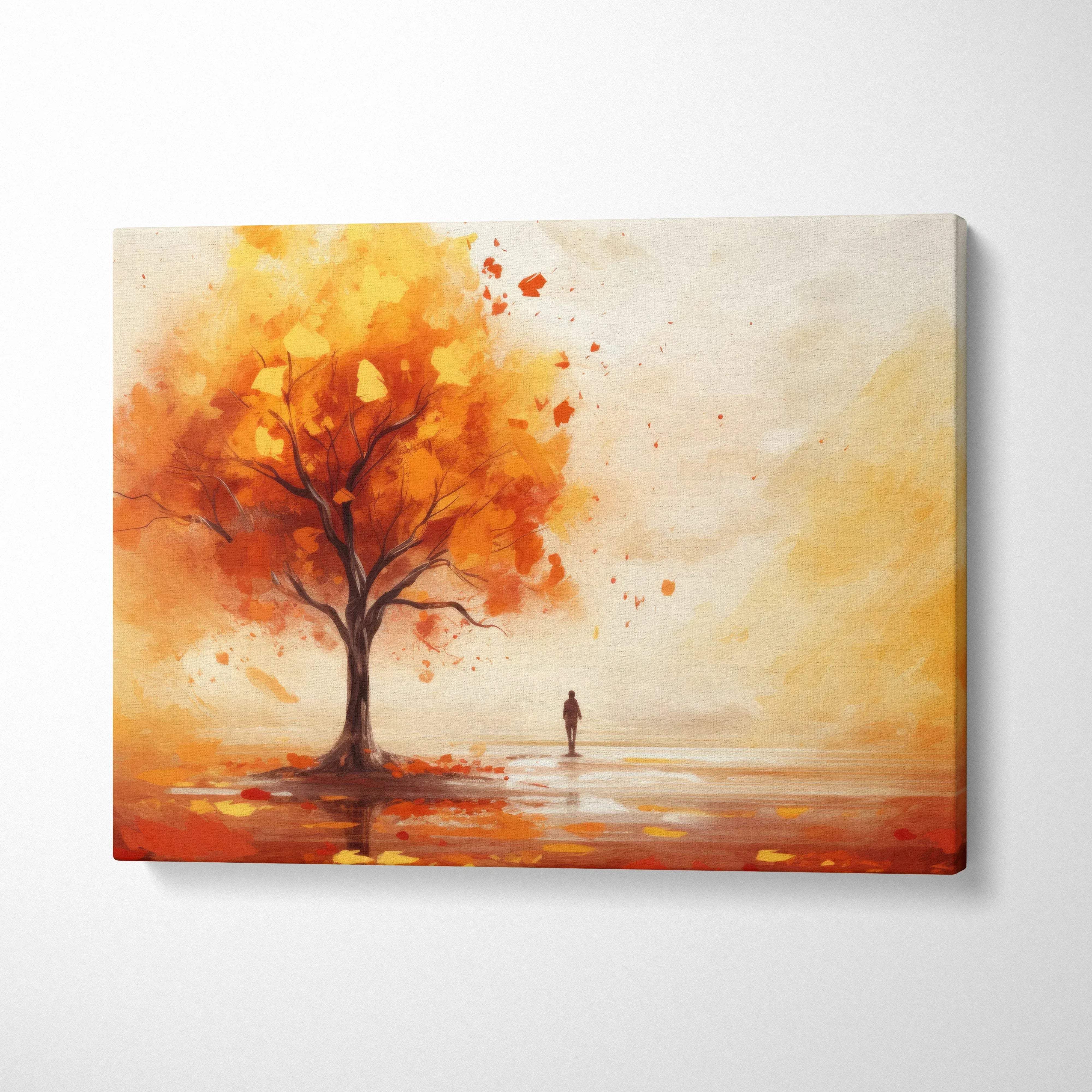 Autumn tree digital art canvas with falling leaves and warm orange tones wall art.