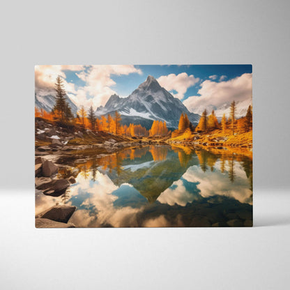 Vibrant autumn mountain scene with fall foliage reflected in a calm lake, canvas wall art.