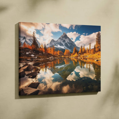 Canvas wall art of vibrant autumn mountains with fall foliage reflected in a serene lake.