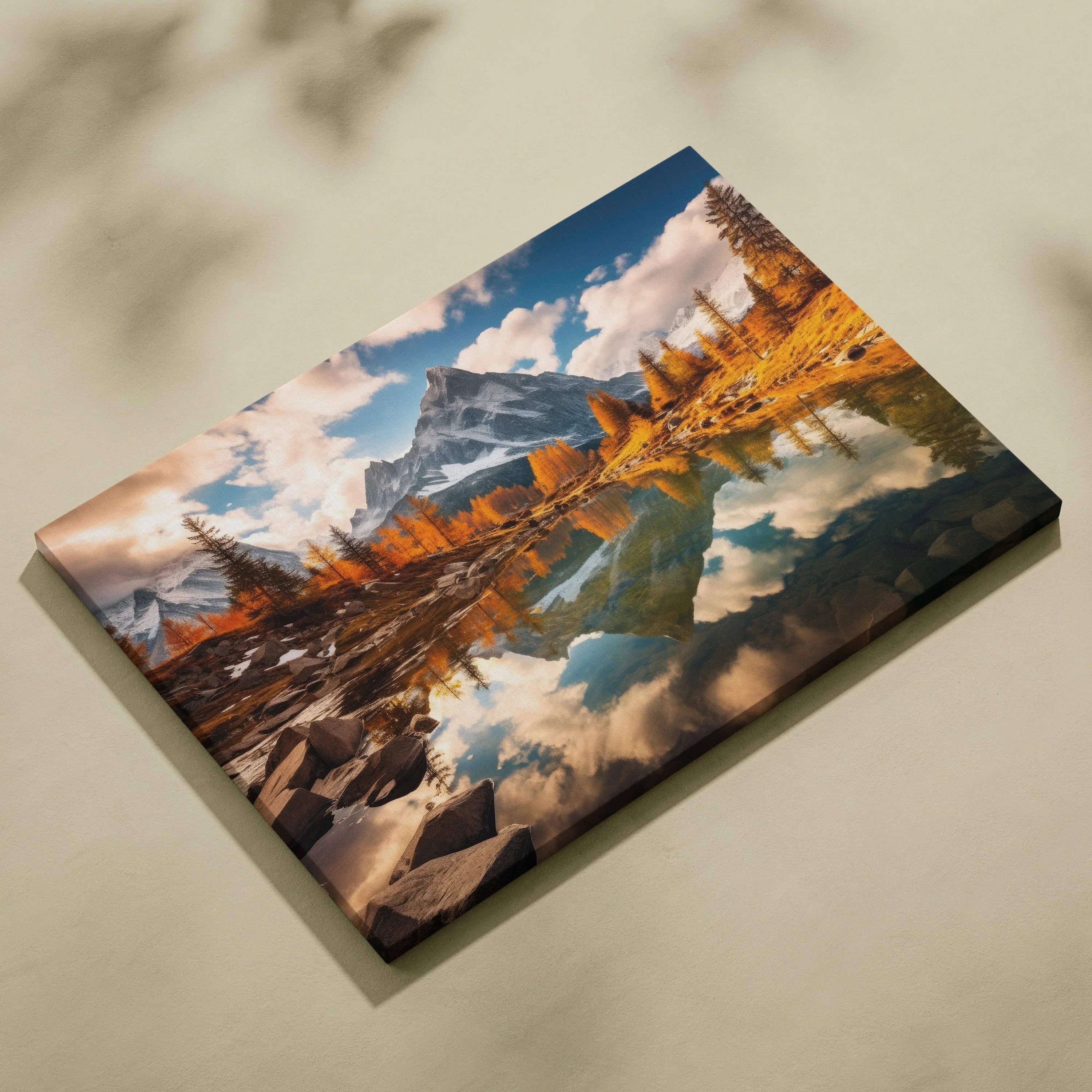Autumn mountains digital art canvas with fall foliage and reflective lake wall art.