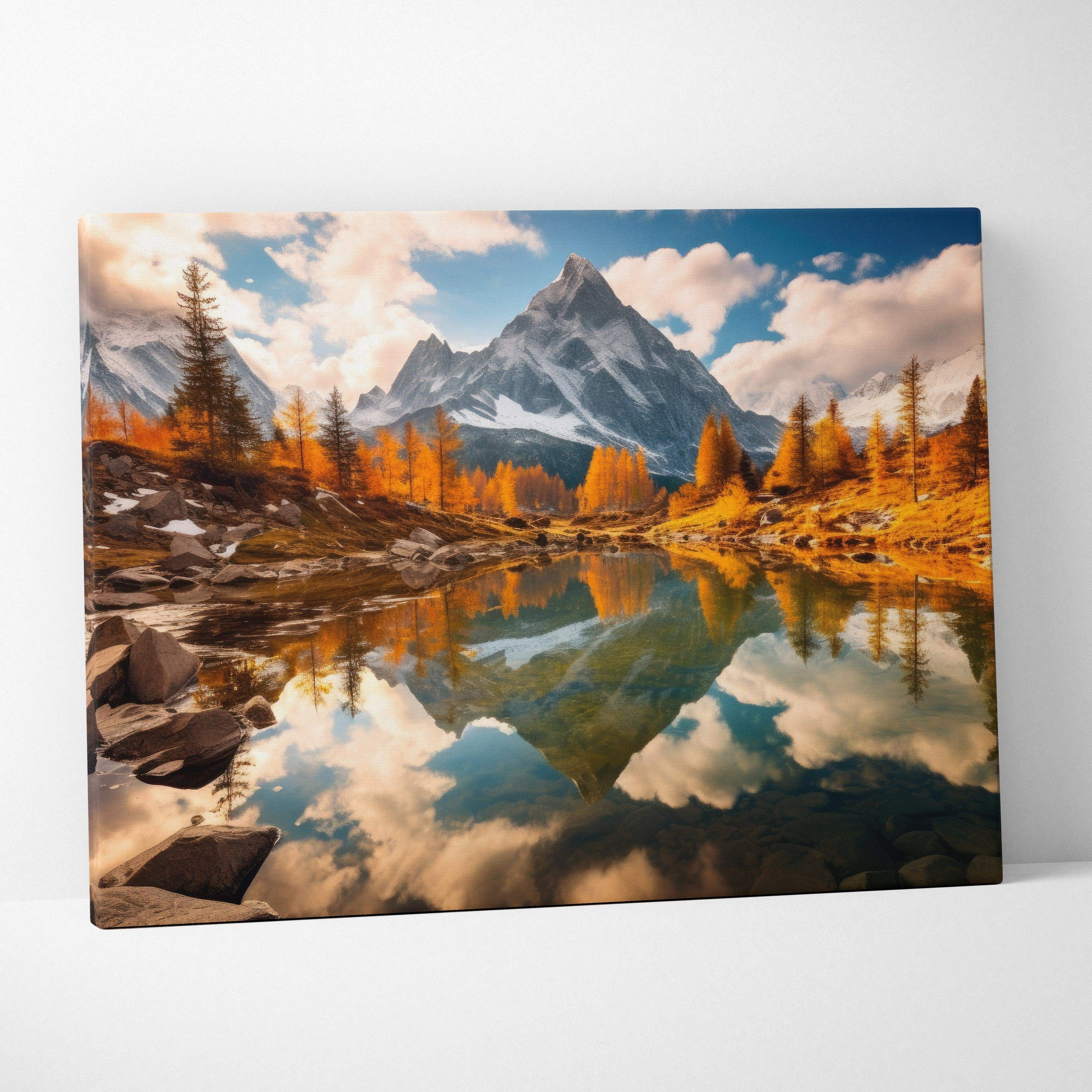 Canvas wall art of vibrant autumn mountains with golden fall foliage and reflective serene lake.