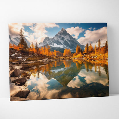 Canvas wall art of vibrant autumn mountains with golden fall foliage and reflective serene lake.