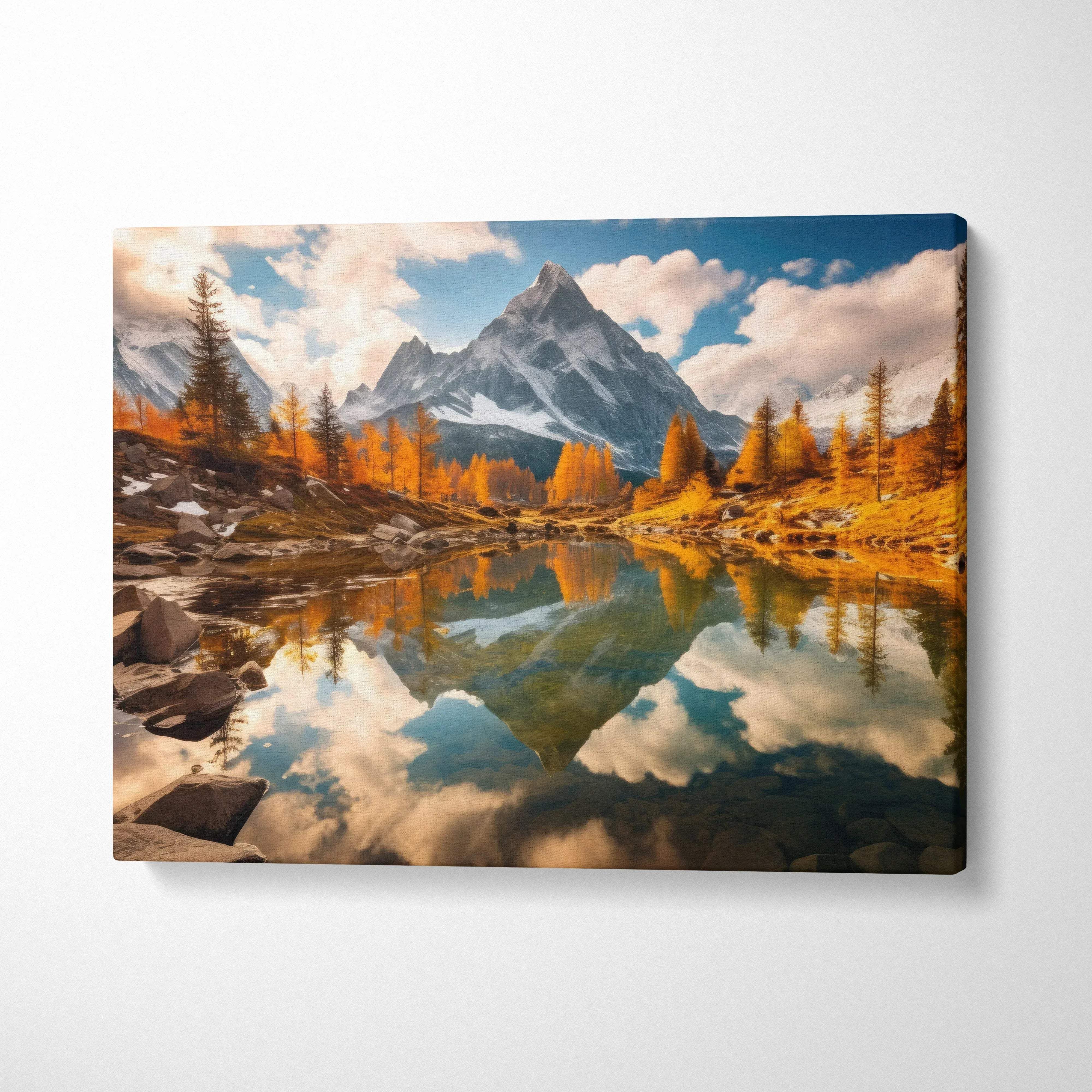 Canvas art of vibrant autumn mountains with fall foliage reflected in a serene lake, wall art.