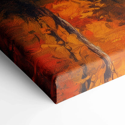 Close-up of vibrant autumn mountain landscape canvas art with rich fall foliage and warm tones.