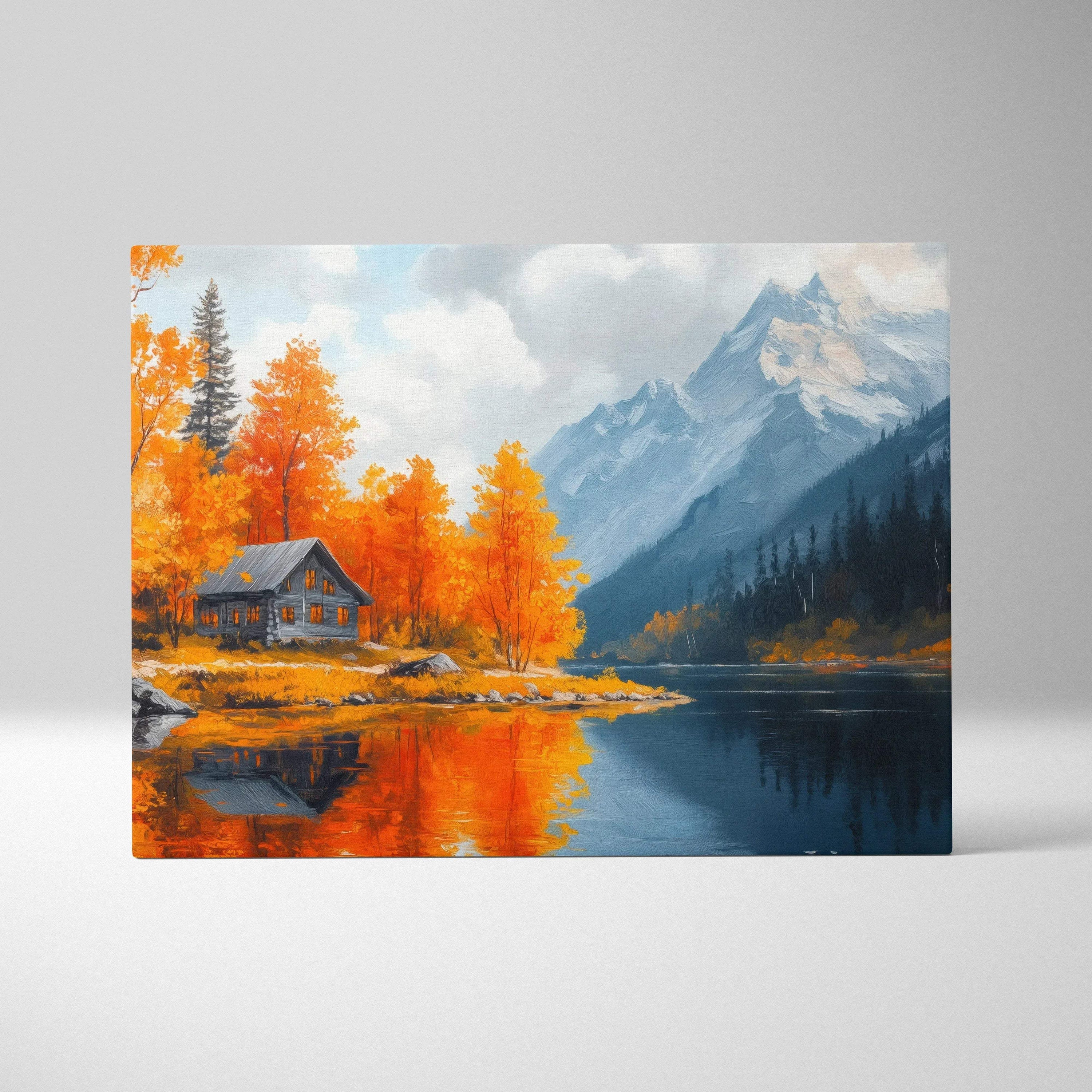 Autumn mountain landscape canvas art with vibrant orange foliage and reflective lake wall art.