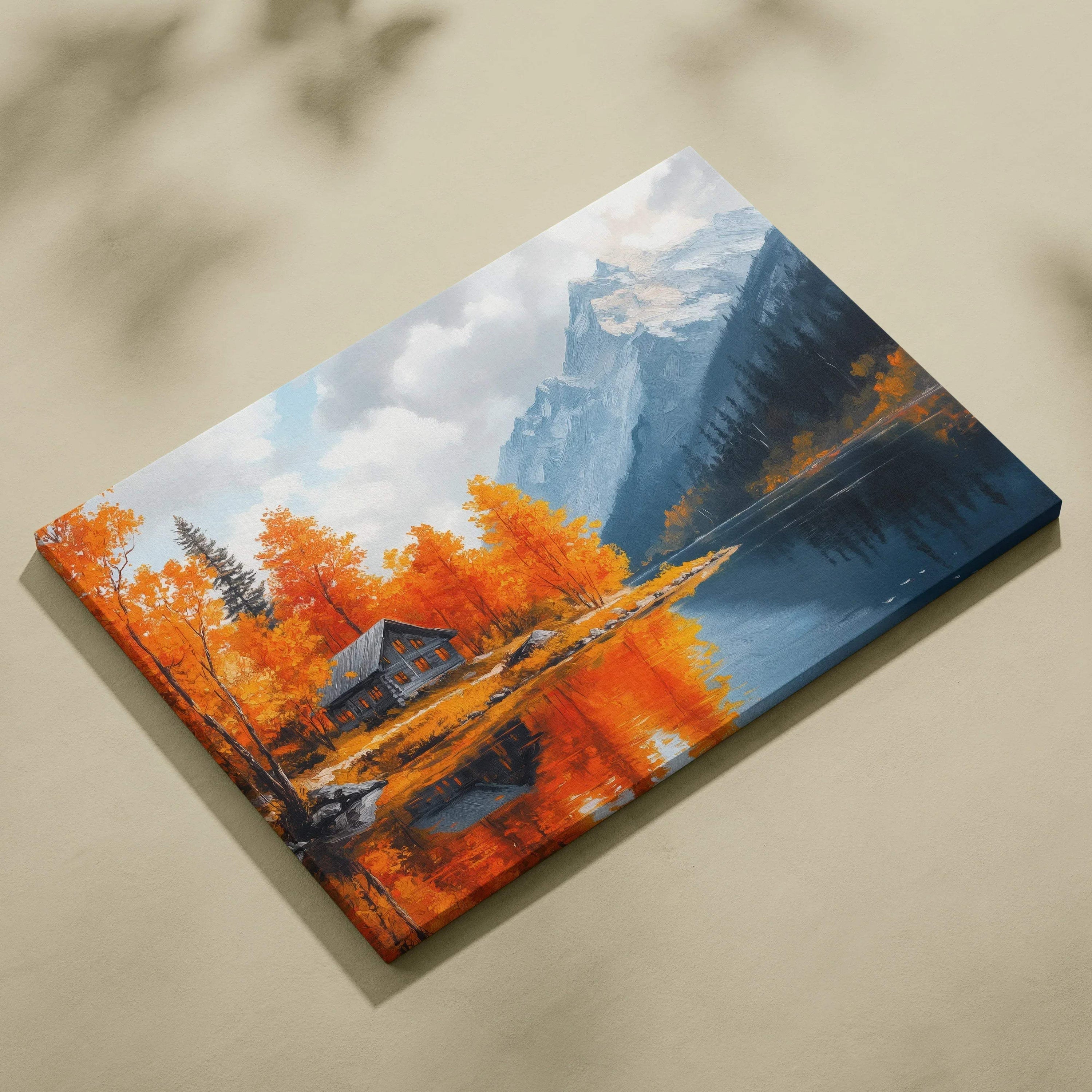Autumn mountain landscape canvas art with vibrant orange foliage and a peaceful lakeside cabin wall art.