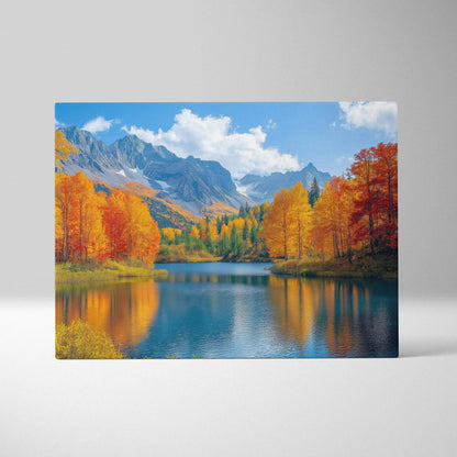 Autumn mountain landscape canvas art with vibrant fall foliage and reflective lake wall art.