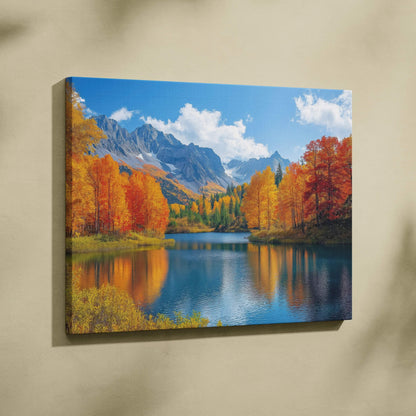 Autumn mountains canvas art with vibrant fall trees reflected in calm lake wall art.