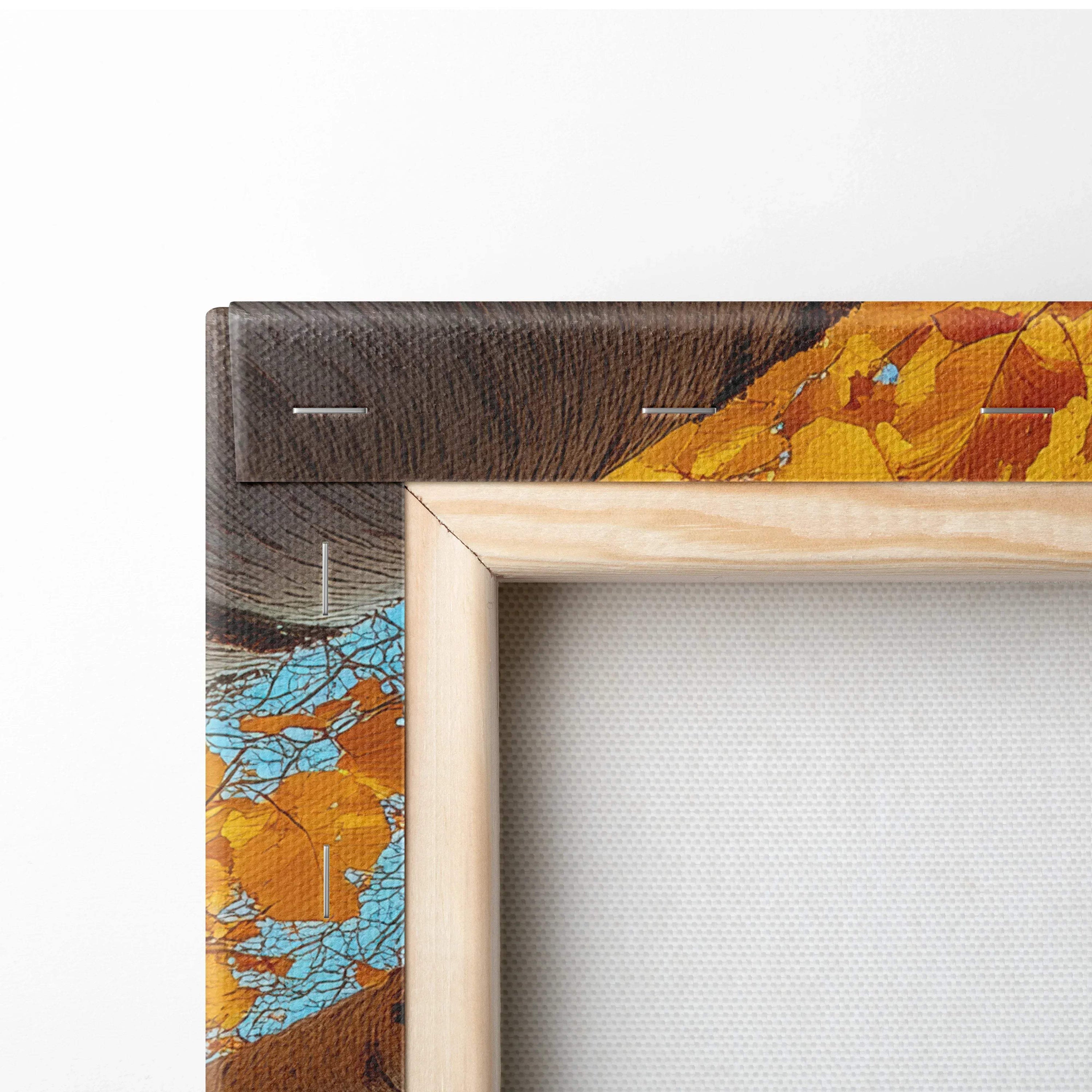 Corner close-up of vibrant autumn digital art canvas with golden foliage on wooden frame wall art.