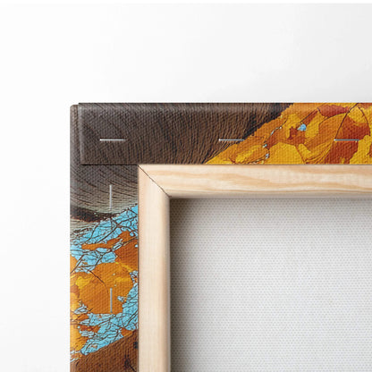 Corner close-up of vibrant autumn digital art canvas with golden foliage on wooden frame wall art.
