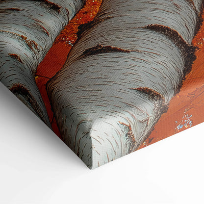 Autumn nature canvas art with detailed golden birch bark texture in vibrant orange and gray tones wall art.