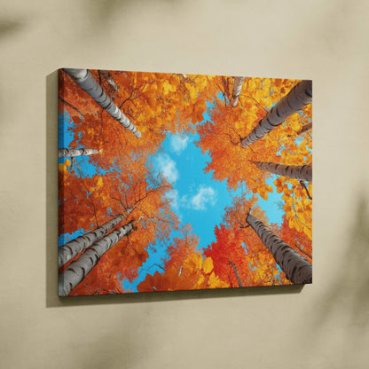 Autumn forest canvas art with golden leaves and bright blue sky wall art print.