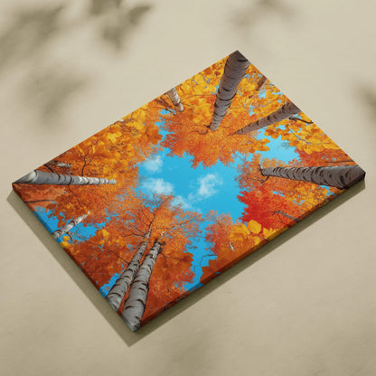 Autumn forest scene with golden foliage and bright blue sky on vibrant canvas wall art.