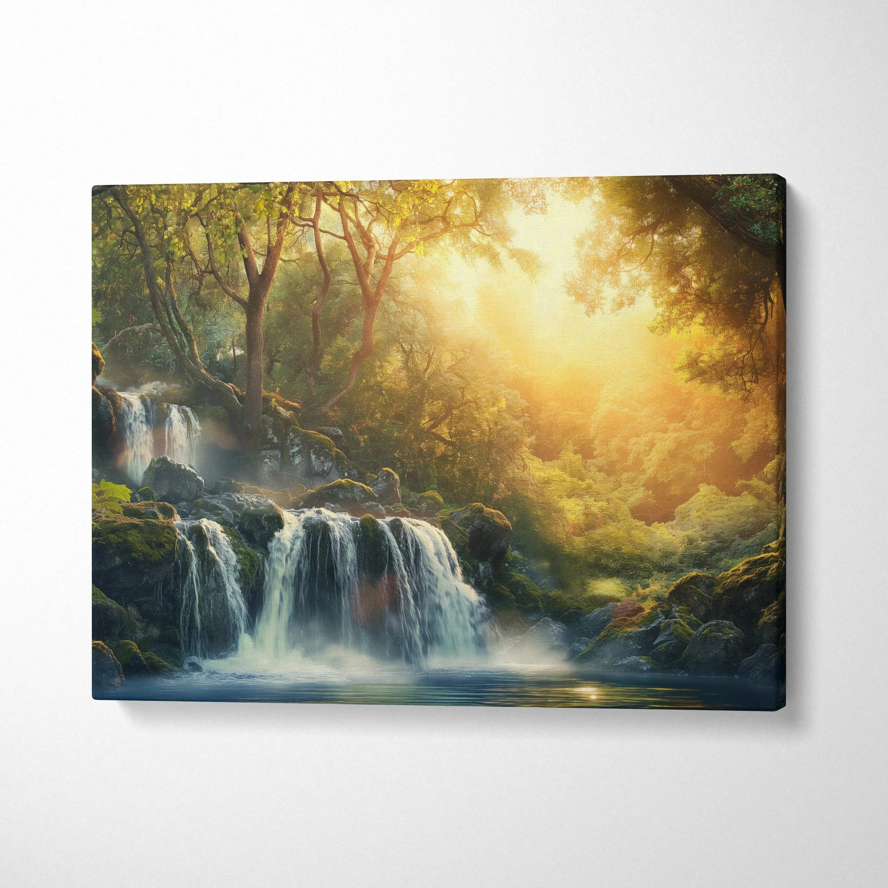 Canvas wall art featuring a serene forest landscape with waterfall and warm sunset decor.