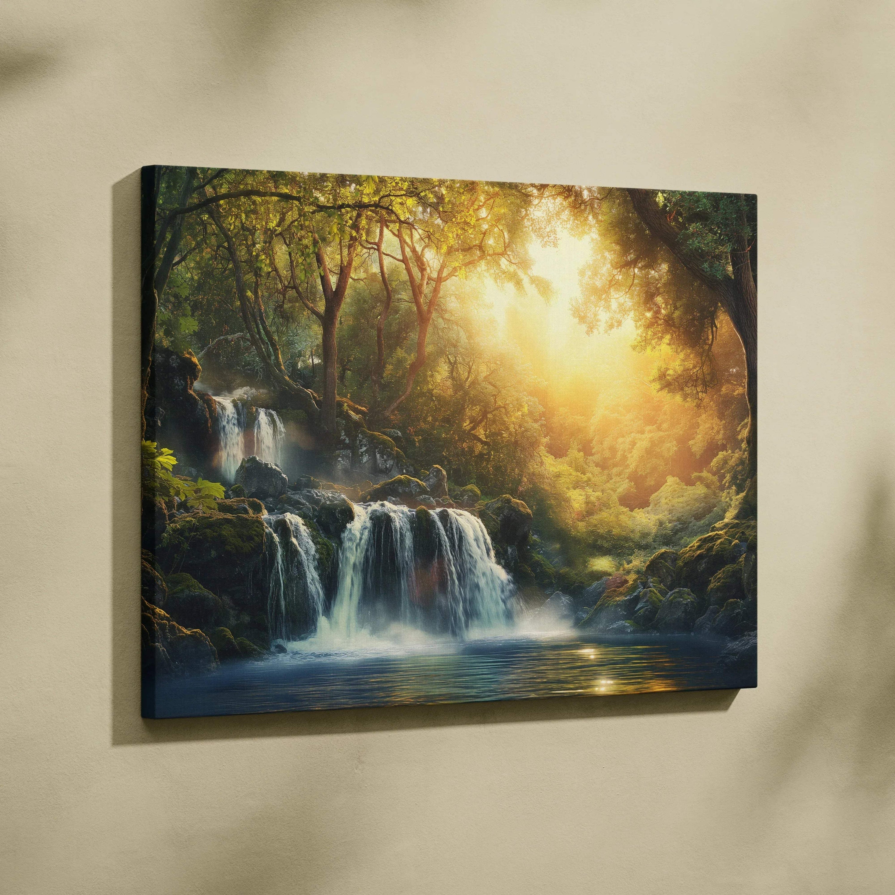Canvas wall art featuring a forest waterfall at sunset with warm, glowing light and lush greenery decor.