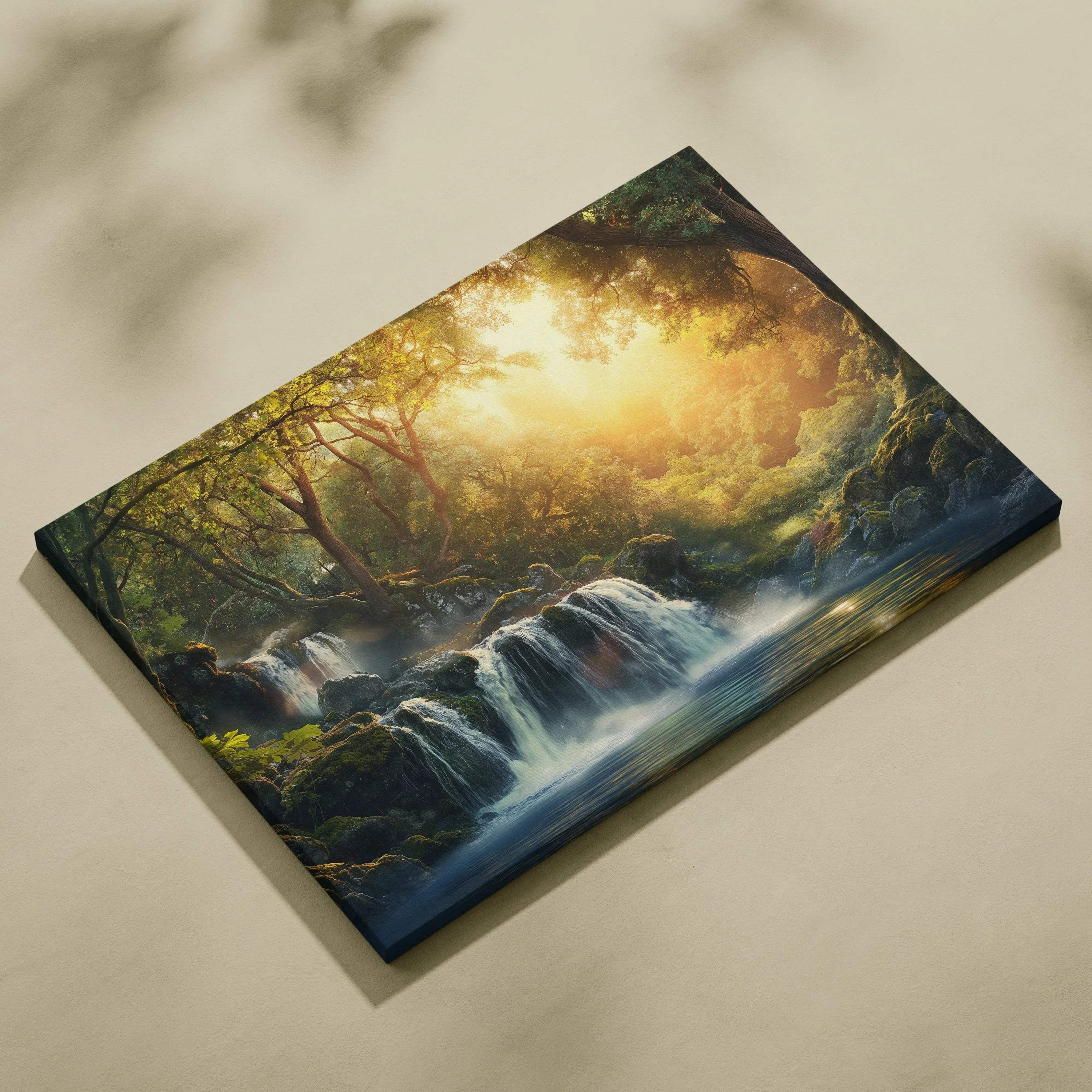 Canvas wall art featuring a vibrant forest landscape with waterfall and glowing sunset decor.