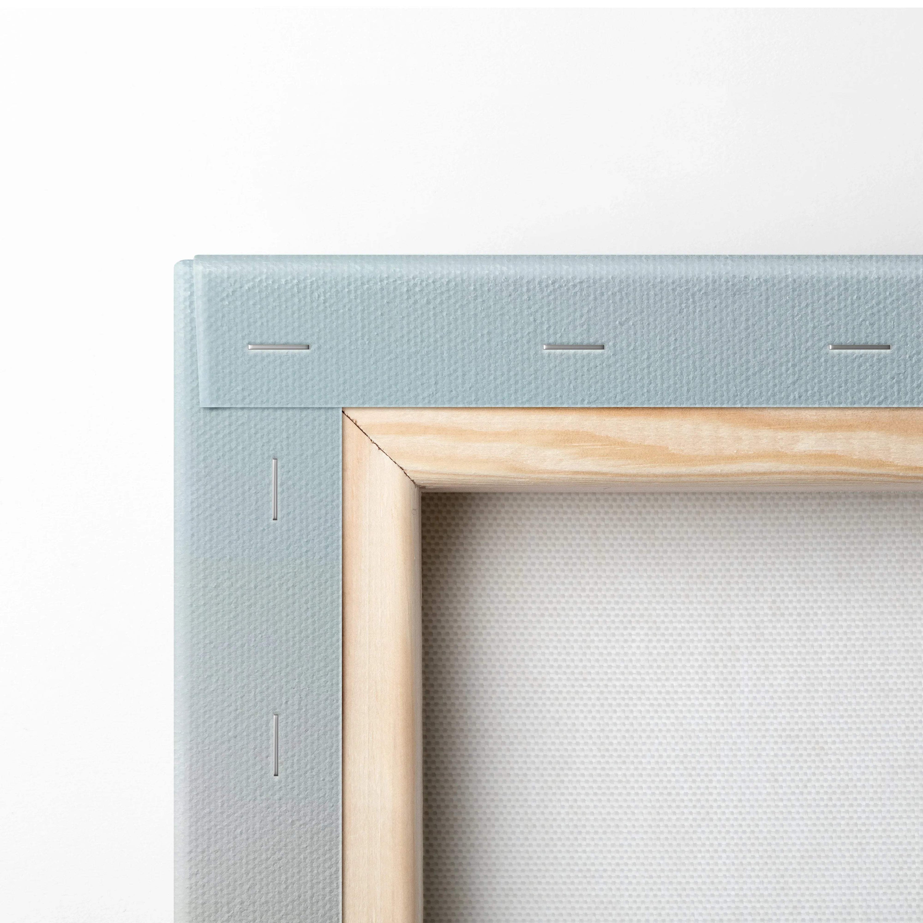 Light blue textured canvas frame with wood border, sunrise mountain art