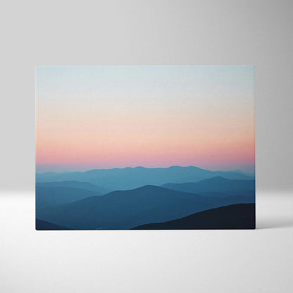Canvas print of serene mountain landscape at dusk with pink blue gradient sky