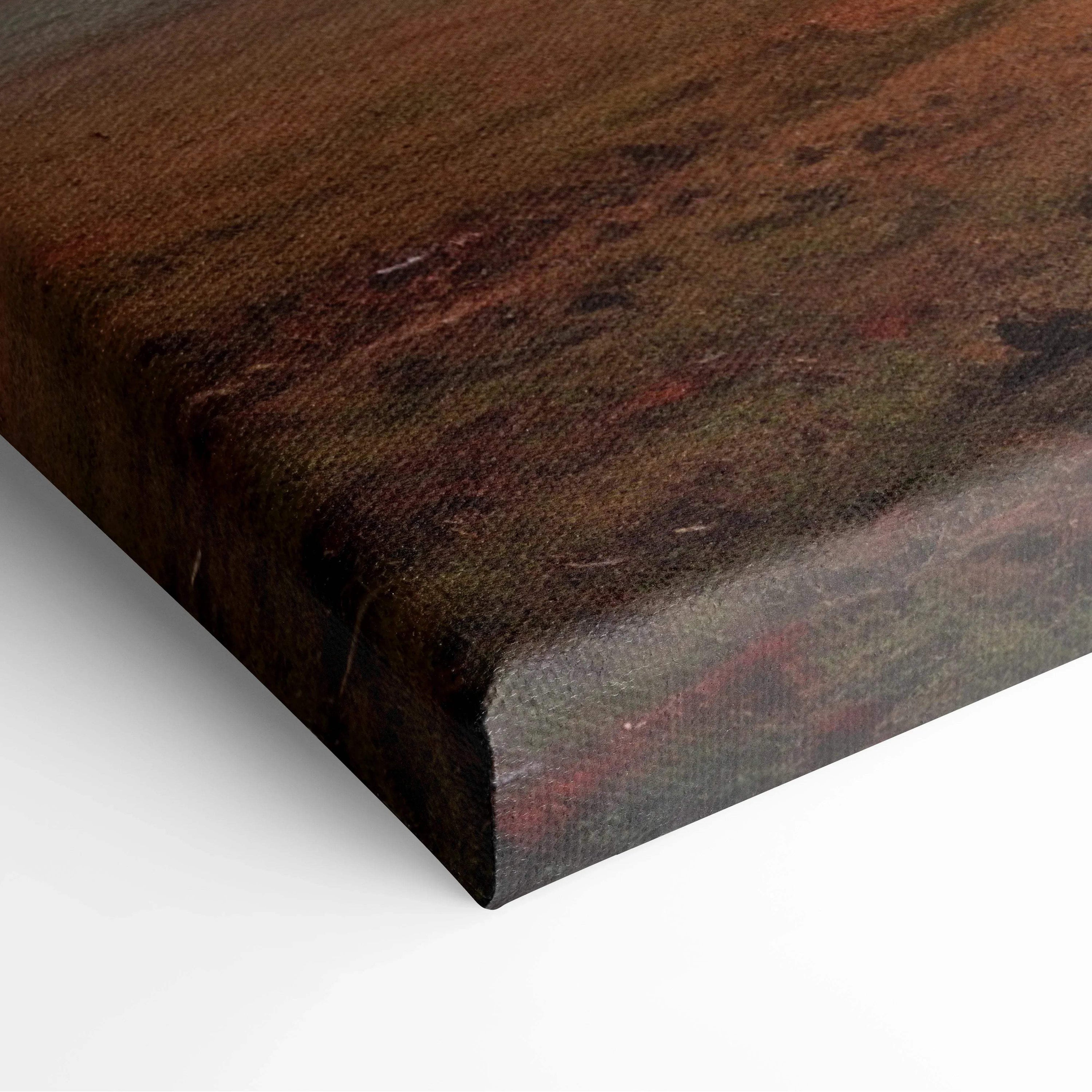 Close-up of autumn forest canvas wall art with rich brown and red leaf details on textured canvas.