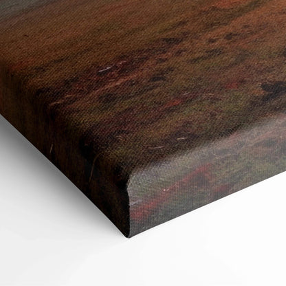 Close-up of autumn forest canvas wall art with rich brown and red leaf details on textured canvas.