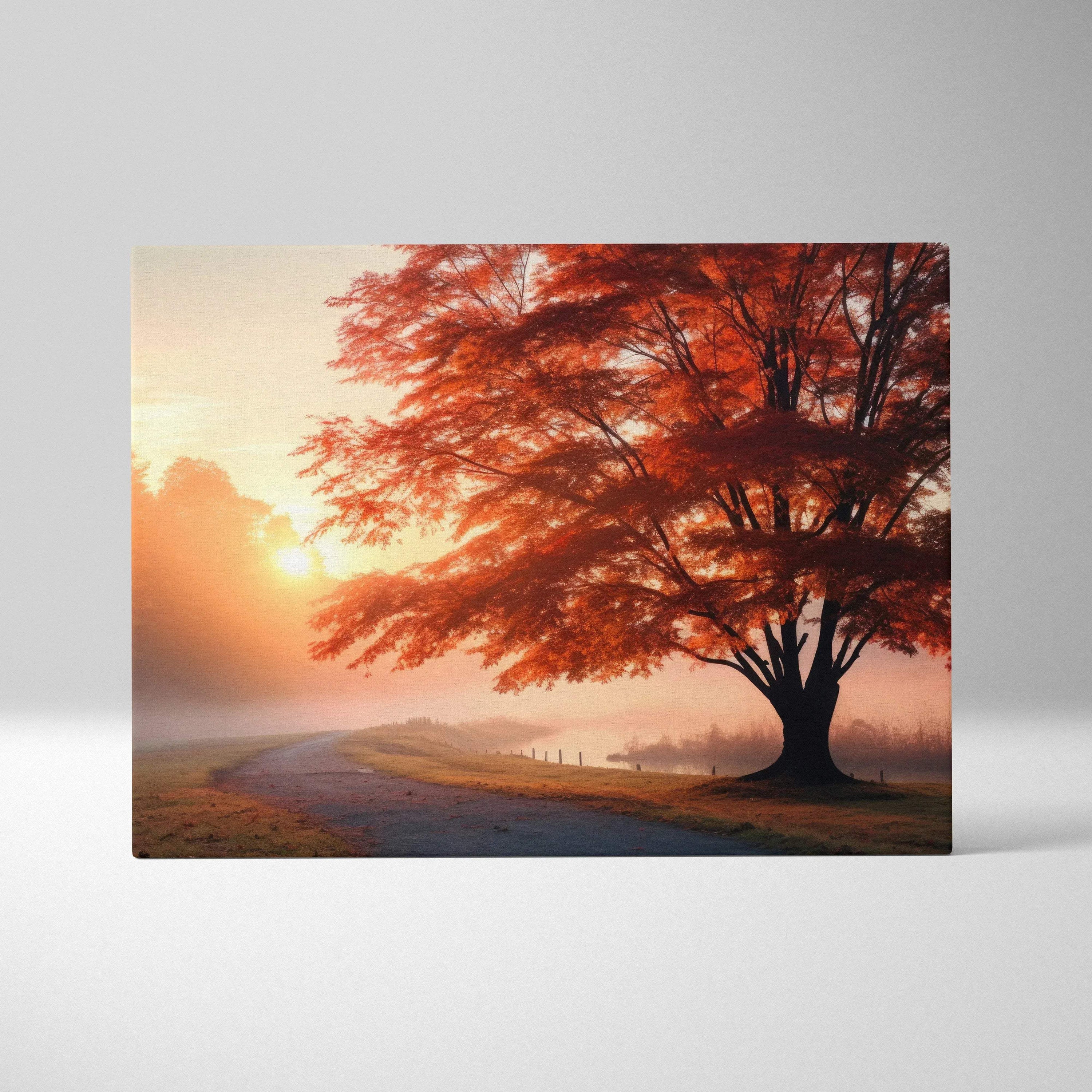 Autumn landscape canvas art with vibrant orange leaves and misty forest sunrise wall art.
