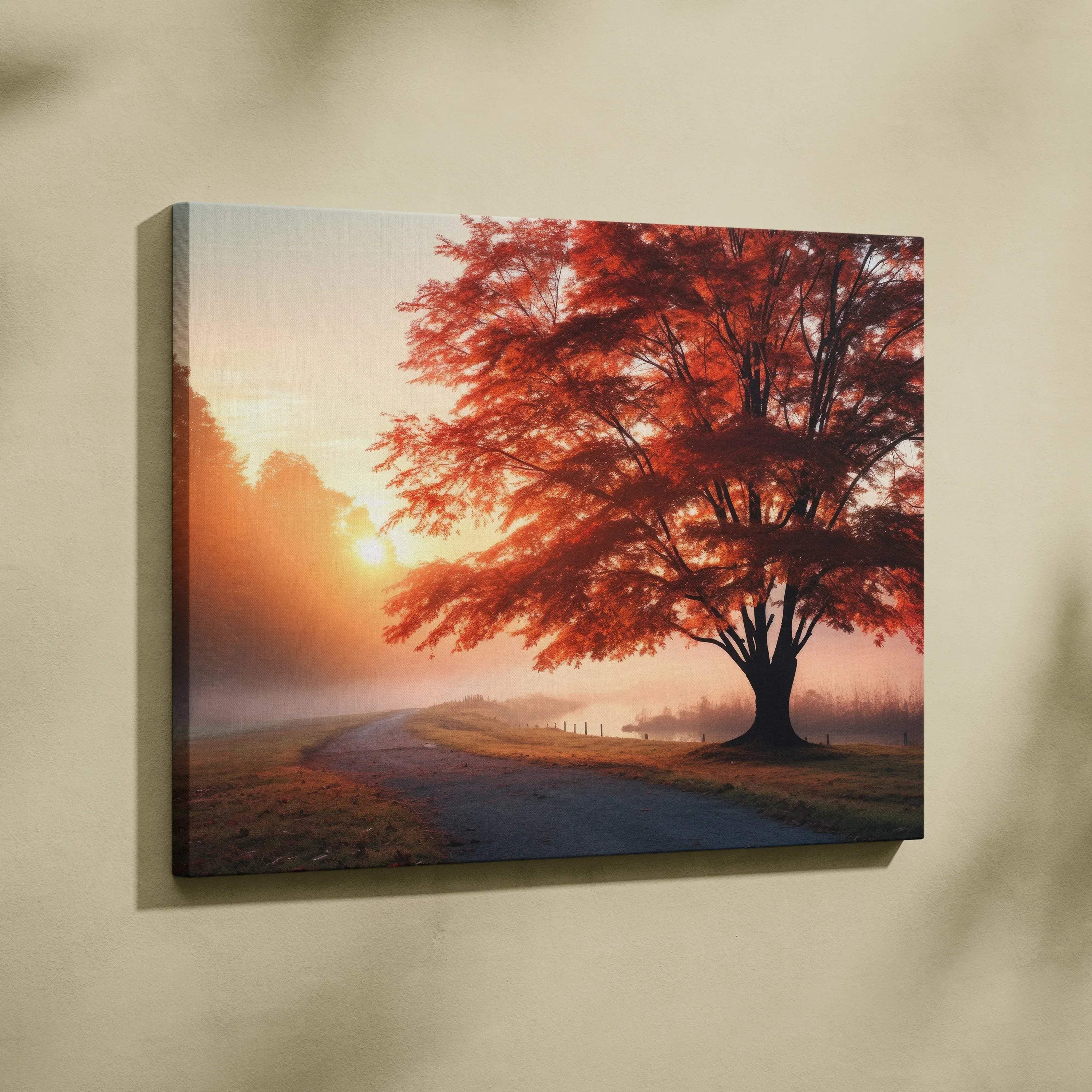 Canvas wall art featuring vibrant red autumn tree with sunrise and misty forest landscape.