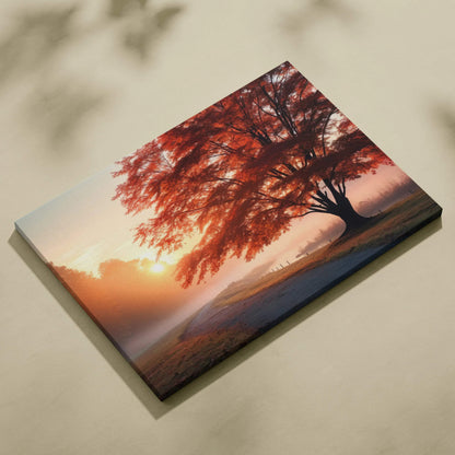Canvas art featuring a vibrant red autumn tree with falling leaves and a serene forest landscape at sunrise wall art.
