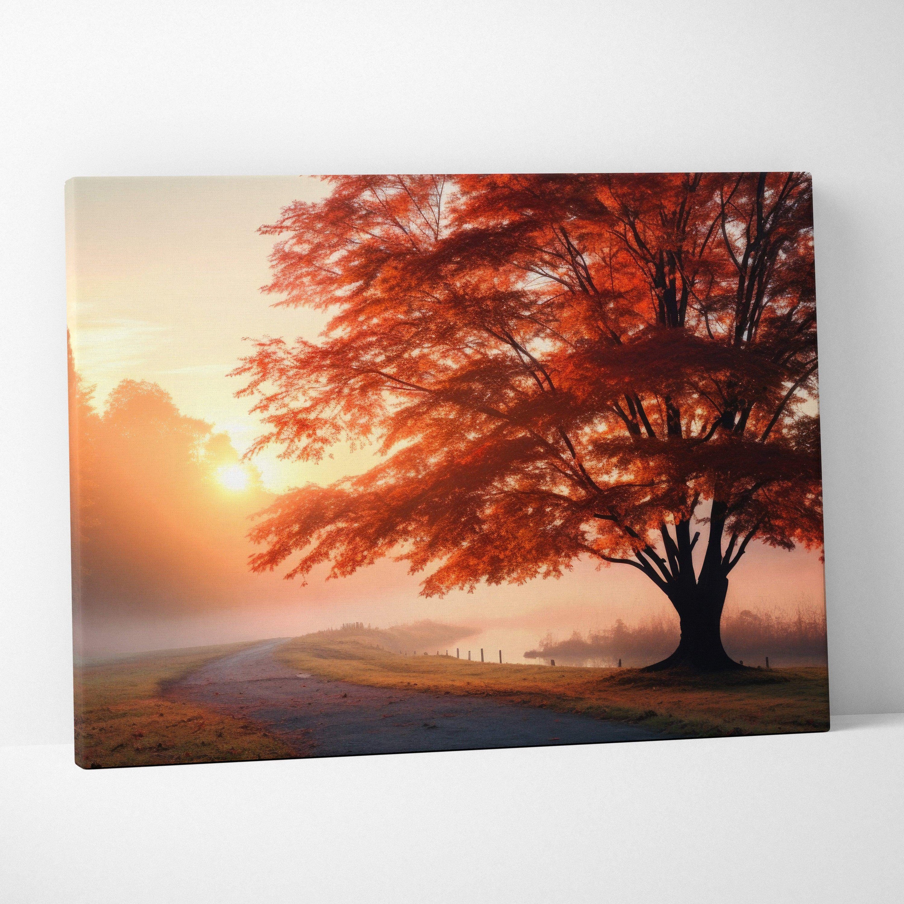 Autumn canvas wall art featuring a large tree with vibrant red leaves and a winding path at sunrise.