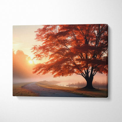 Canvas wall art featuring a digital autumn scene with vibrant red leaves and a serene forest sunrise.