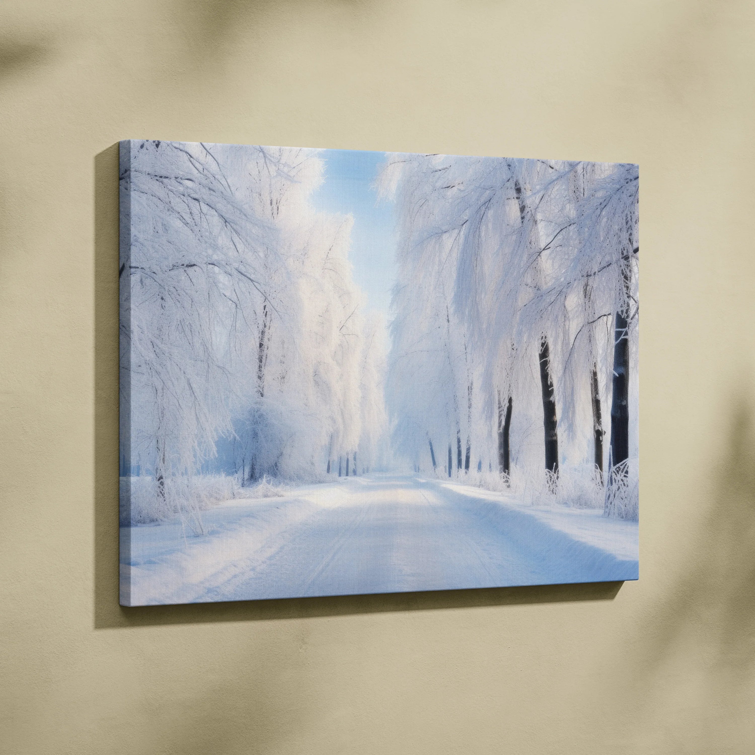 Winter landscape canvas art showing snow-covered road flanked by tall frosted trees under pale blue sky.