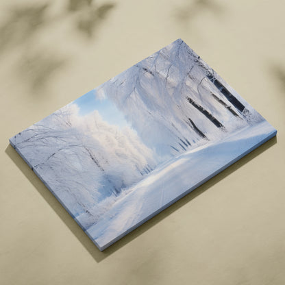 Winter canvas art featuring snow-covered road lined with tall frost-covered trees under a pale blue sky.