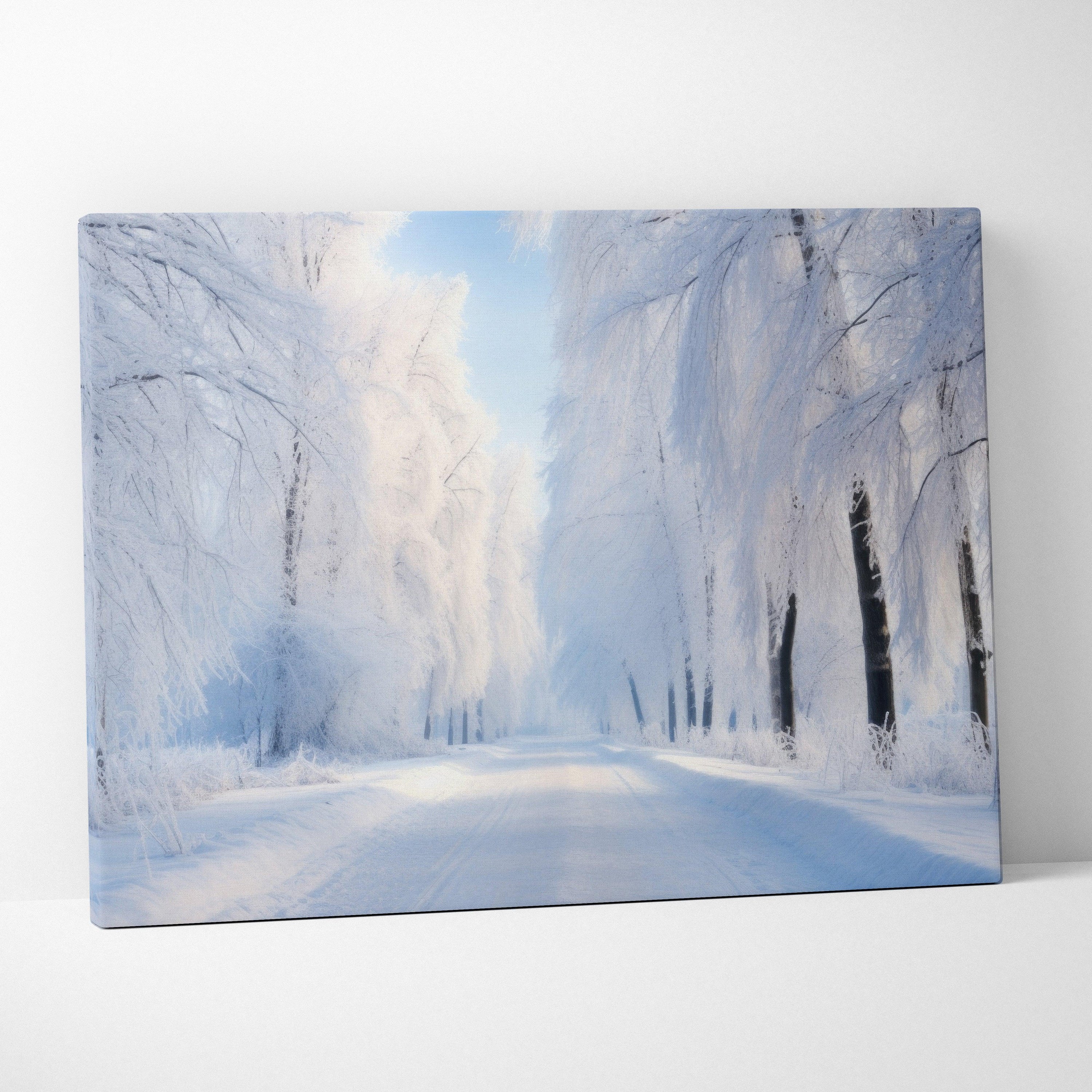 Winter landscape canvas art featuring snow-covered road and frosted trees in soft blue and white tones.