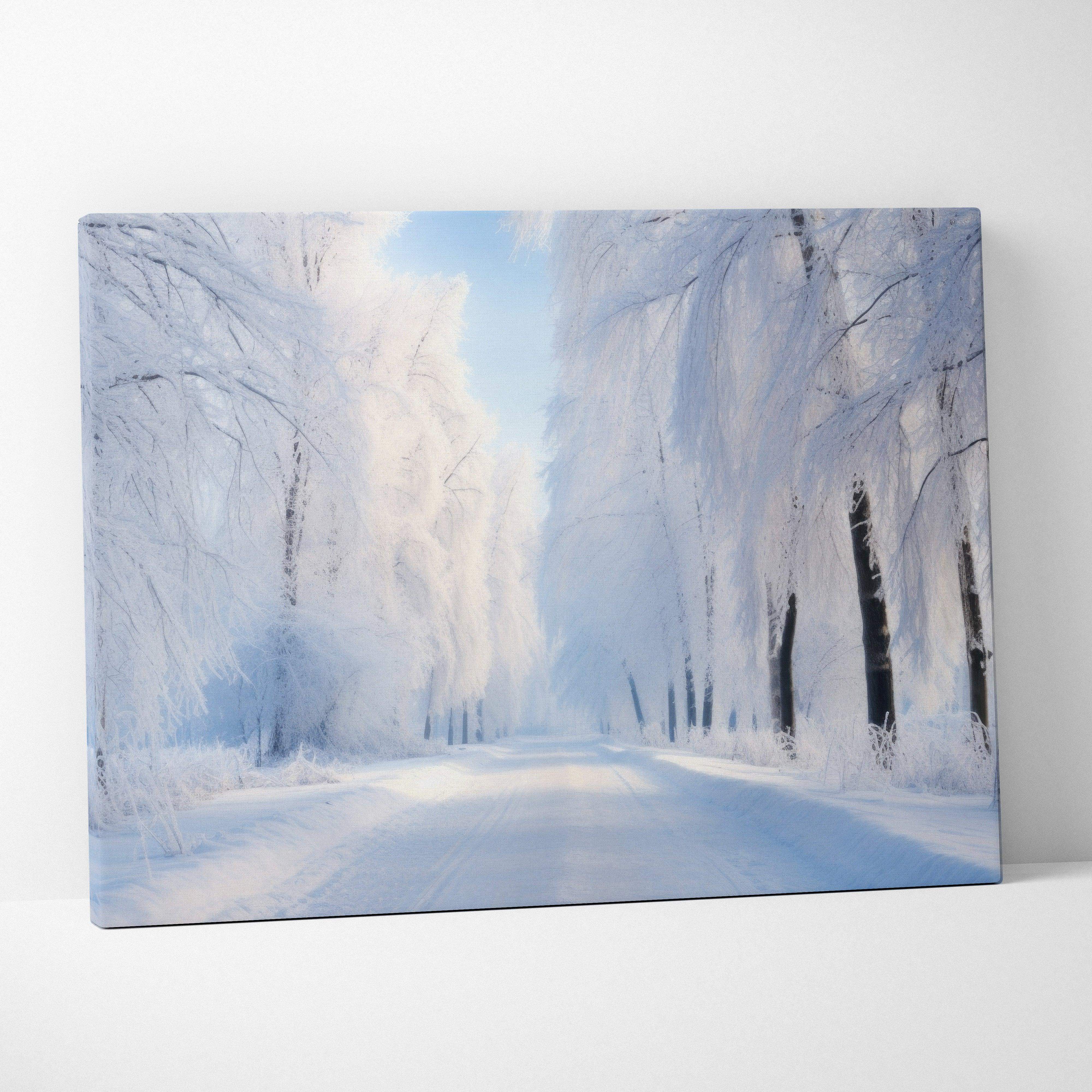 Winter landscape canvas wall art showing a calm blue mood snow covered road through majestic snowy trees